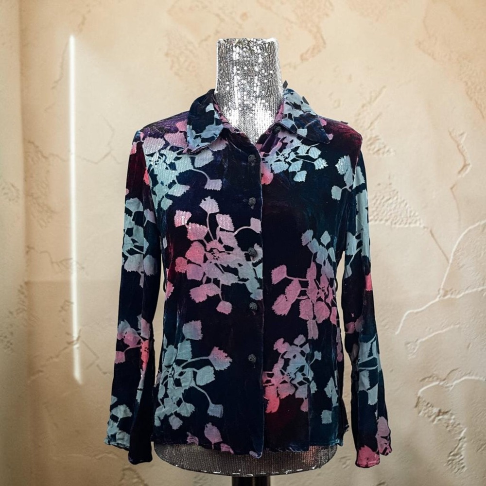 Velvet Burnout Whimsigoth Silk Floral‎ Blouse Button Front Flare Sleeve Small
